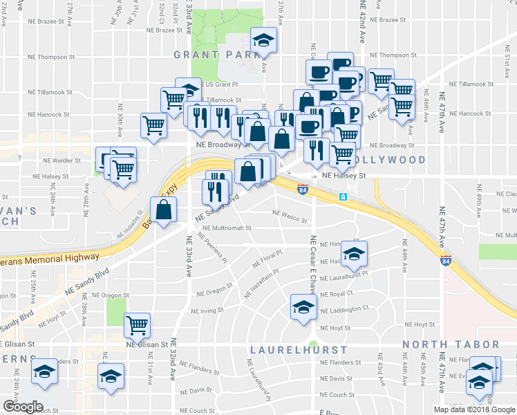 map of restaurants, bars, coffee shops, grocery stores, and more near 3615 Northeast Wasco Street in Portland