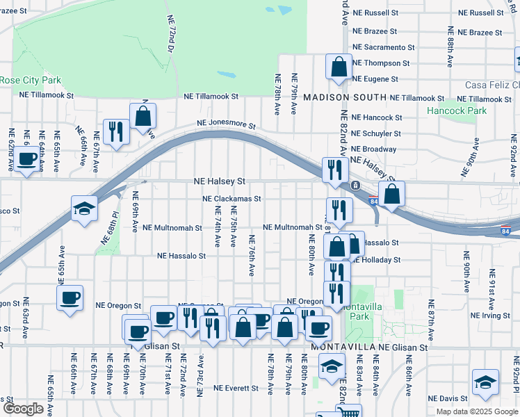 map of restaurants, bars, coffee shops, grocery stores, and more near 1313 Northeast 77th Avenue in Portland