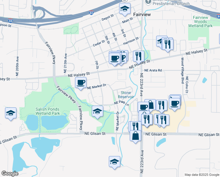 map of restaurants, bars, coffee shops, grocery stores, and more near 1497 Northeast Market Drive in Fairview