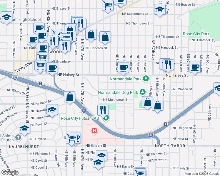 map of restaurants, bars, coffee shops, grocery stores, and more near 1304 Northeast 51st Avenue in Portland