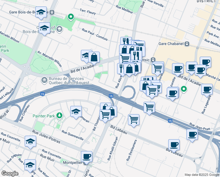 map of restaurants, bars, coffee shops, grocery stores, and more near 2380 Rue Alice Nolin in Montreal