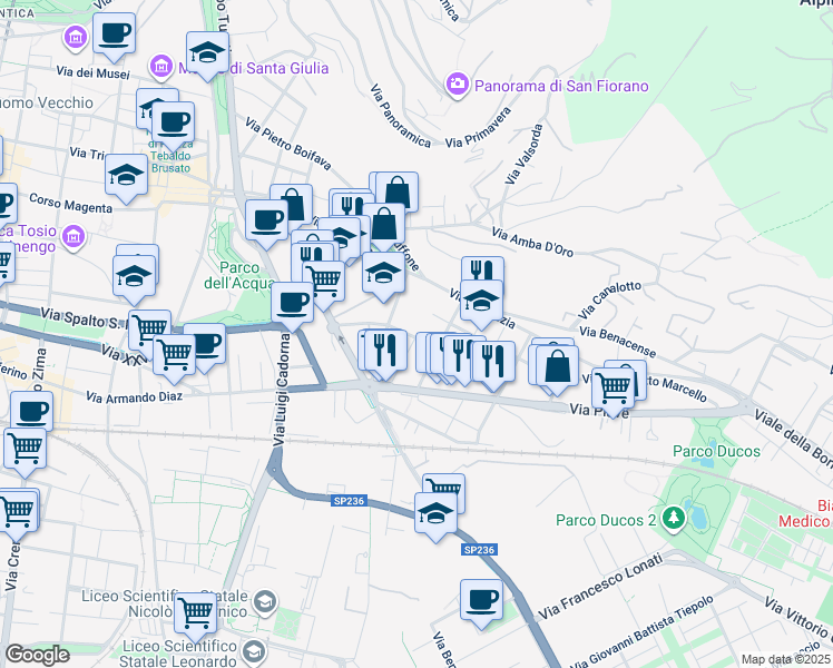 map of restaurants, bars, coffee shops, grocery stores, and more near 21 Via Naviglio Grande in Brescia