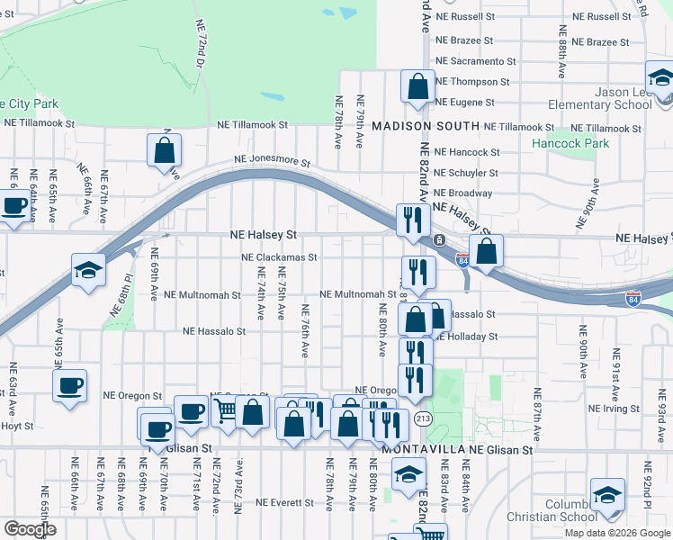 map of restaurants, bars, coffee shops, grocery stores, and more near 1315 Northeast 78th Avenue in Portland