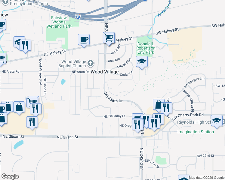 map of restaurants, bars, coffee shops, grocery stores, and more near 23810 Northeast Treehill Drive in Wood Village