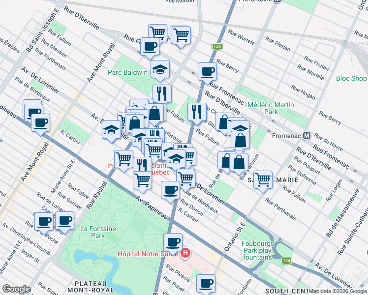 map of restaurants, bars, coffee shops, grocery stores, and more near 2197 Rue Sherbrooke Est in Montréal