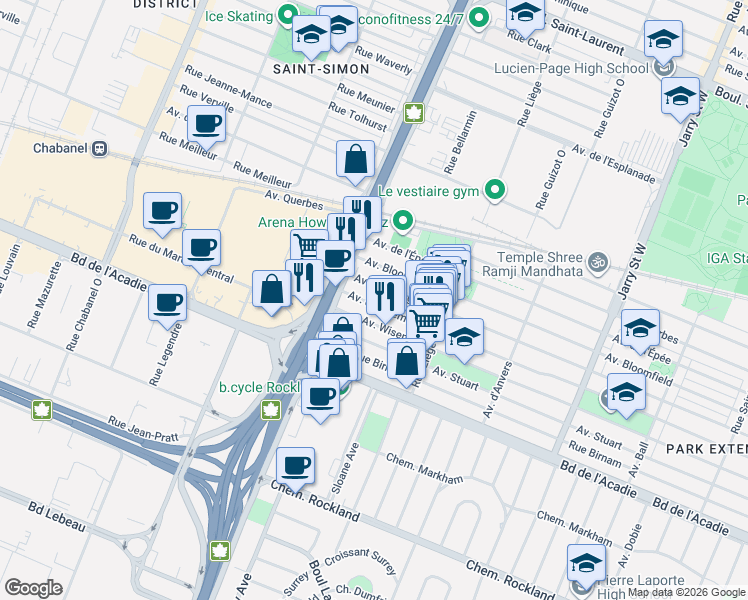 map of restaurants, bars, coffee shops, grocery stores, and more near 8625 Avenue d'Outremont in Montréal