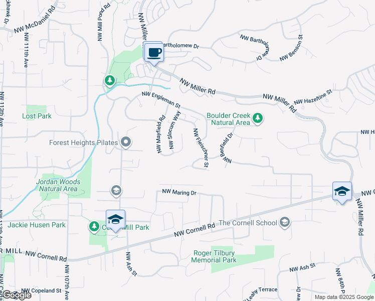 map of restaurants, bars, coffee shops, grocery stores, and more near 1207 Northwest Mayfield Road in Portland