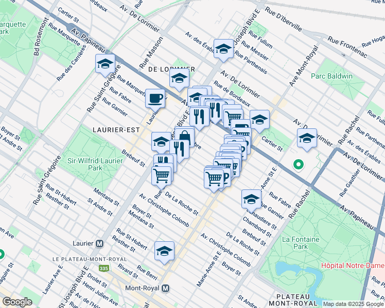 map of restaurants, bars, coffee shops, grocery stores, and more near Rue la Mennais in Montreal