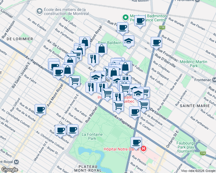 map of restaurants, bars, coffee shops, grocery stores, and more near 2015 Rue Rachel Est in Montréal