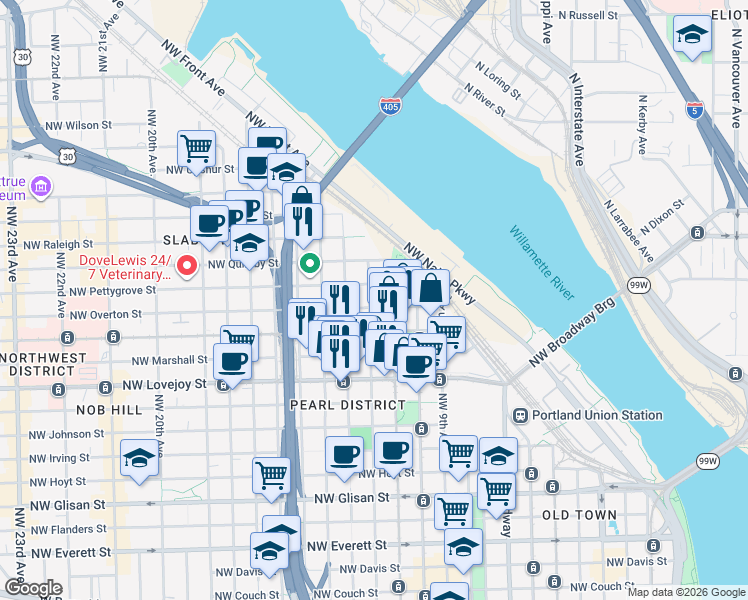 map of restaurants, bars, coffee shops, grocery stores, and more near 1161 Northwest Overton Street in Portland