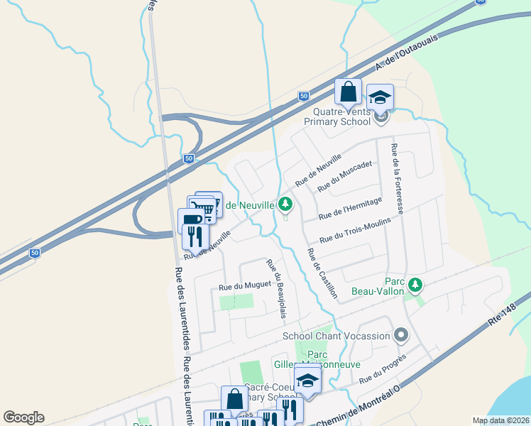 map of restaurants, bars, coffee shops, grocery stores, and more near 1180 Rue de Neuville in Gatineau