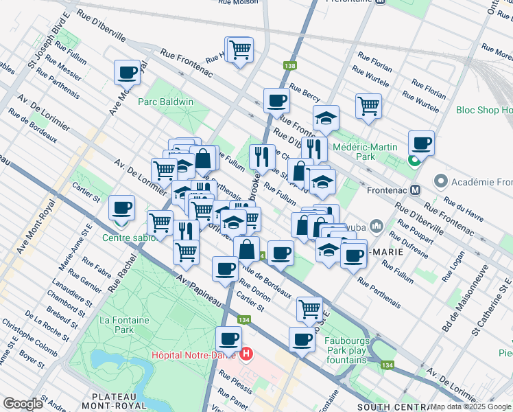 map of restaurants, bars, coffee shops, grocery stores, and more near 2200 Rue Sherbrooke Est in Montréal