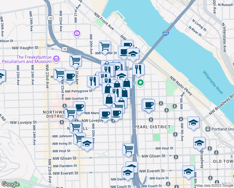 map of restaurants, bars, coffee shops, grocery stores, and more near 1378 Northwest 18th Avenue in Portland