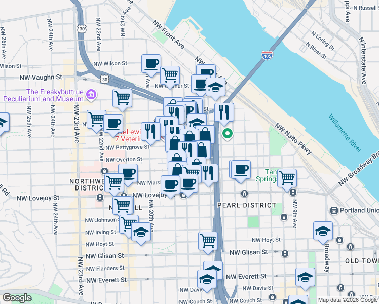 map of restaurants, bars, coffee shops, grocery stores, and more near 1378 Northwest 18th Avenue in Portland