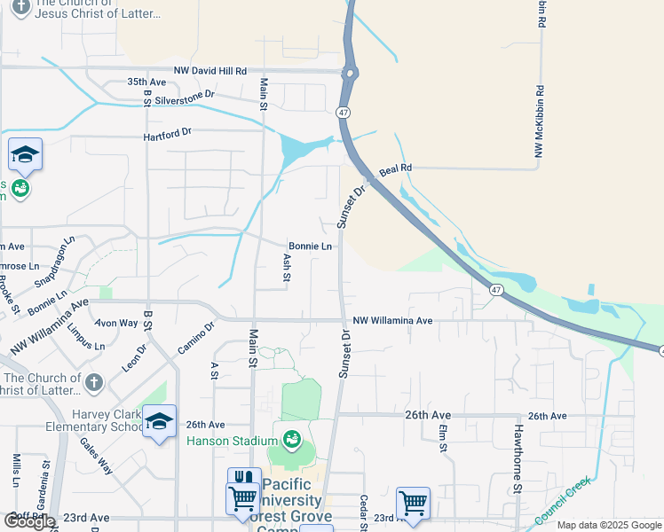 map of restaurants, bars, coffee shops, grocery stores, and more near 3062 Sunset Drive in Forest Grove