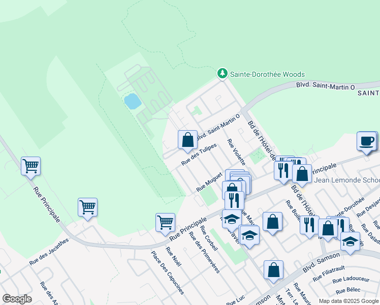 map of restaurants, bars, coffee shops, grocery stores, and more near 1065 Rue Carole in Laval