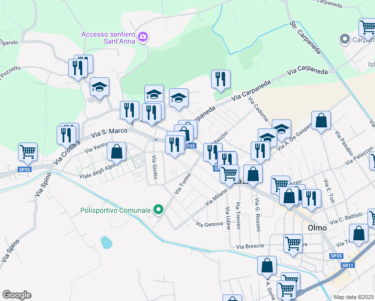map of restaurants, bars, coffee shops, grocery stores, and more near 221 Viale Italia in Creazzo