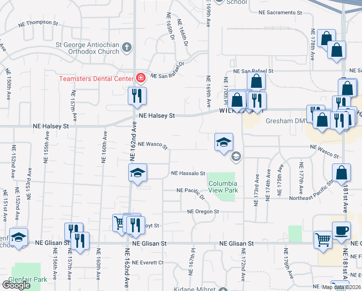 map of restaurants, bars, coffee shops, grocery stores, and more near 16651 Northeast Wasco Street in Portland