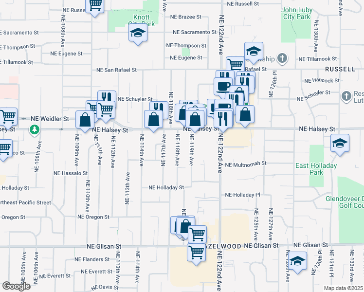 map of restaurants, bars, coffee shops, grocery stores, and more near 1326 Northeast 118th Avenue in Portland