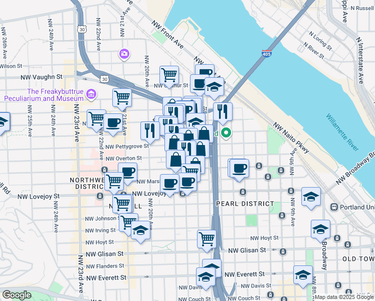 map of restaurants, bars, coffee shops, grocery stores, and more near 1378 Northwest 18th Avenue in Portland