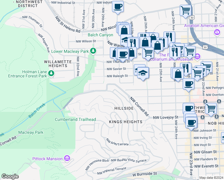 map of restaurants, bars, coffee shops, grocery stores, and more near 2877 Northwest Westover Road in Portland