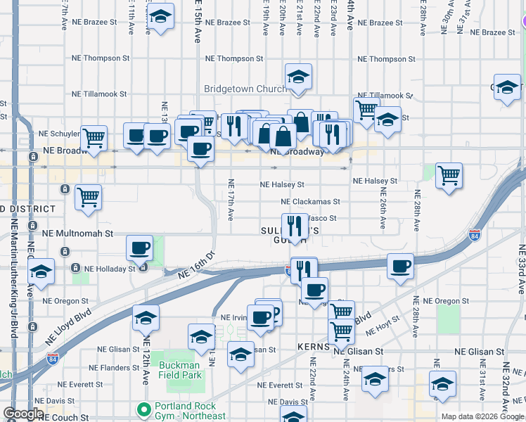 map of restaurants, bars, coffee shops, grocery stores, and more near 1312 Northeast 19th Avenue in Portland