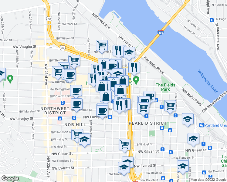 map of restaurants, bars, coffee shops, grocery stores, and more near 1378 Northwest 18th Avenue in Portland