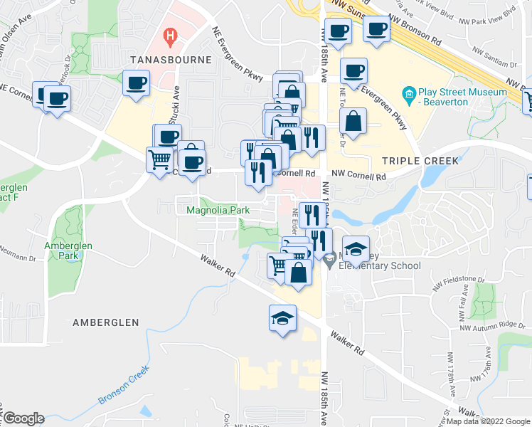 map of restaurants, bars, coffee shops, grocery stores, and more near 10566 Northeast Avery Way in Hillsboro