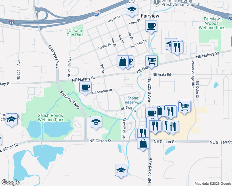 map of restaurants, bars, coffee shops, grocery stores, and more near 1528 Northeast Village Street in Fairview