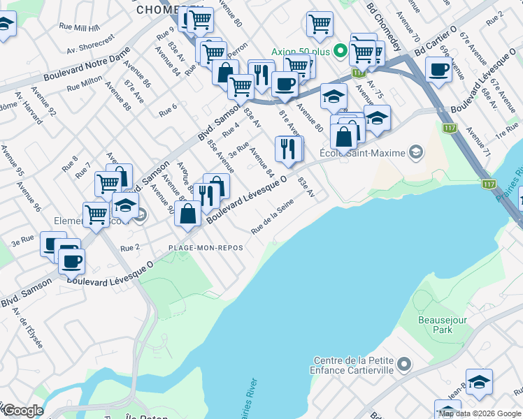 map of restaurants, bars, coffee shops, grocery stores, and more near 4095 Rue de la Seine in Laval