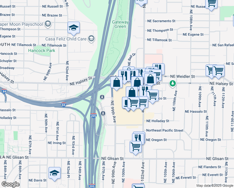 map of restaurants, bars, coffee shops, grocery stores, and more near 9908-9924 Northeast Halsey Street in Portland