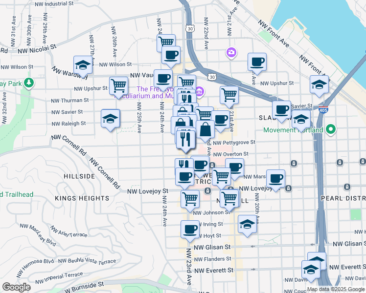 map of restaurants, bars, coffee shops, grocery stores, and more near in Portland