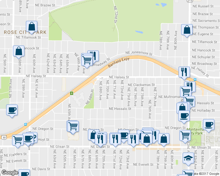 map of restaurants, bars, coffee shops, grocery stores, and more near 1320 Northeast 70th Avenue in Portland