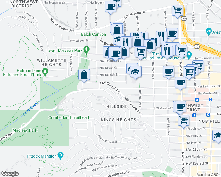 map of restaurants, bars, coffee shops, grocery stores, and more near 1270 Northwest Summit Avenue in Portland