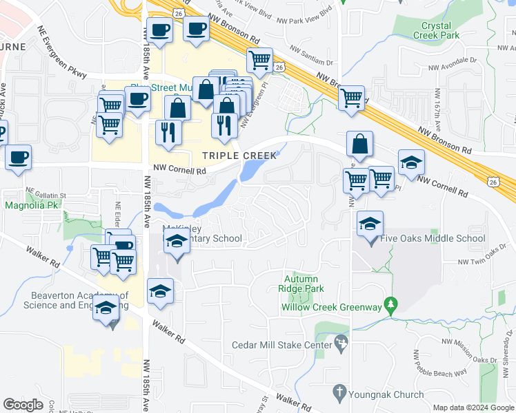 map of restaurants, bars, coffee shops, grocery stores, and more near 1796 NW Rolling Hill Dr in Beaverton