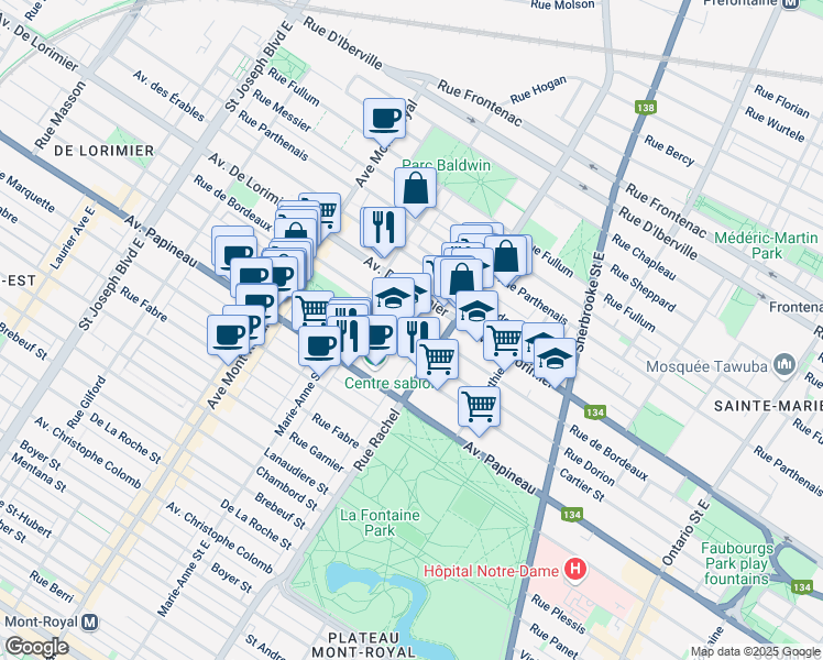 map of restaurants, bars, coffee shops, grocery stores, and more near 4240 Rue de Bordeaux in Montréal