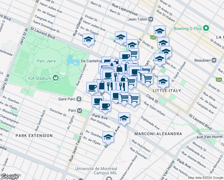 map of restaurants, bars, coffee shops, grocery stores, and more near 7122 Rue Waverly in Montréal