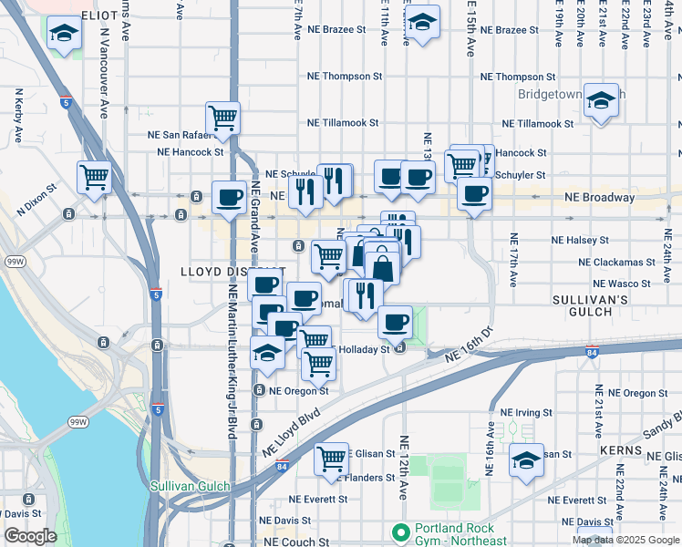 map of restaurants, bars, coffee shops, grocery stores, and more near 1338 Northeast 9th Avenue in Portland