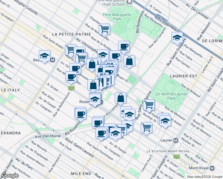 map of restaurants, bars, coffee shops, grocery stores, and more near 5750 Rue Saint-Hubert in Montréal