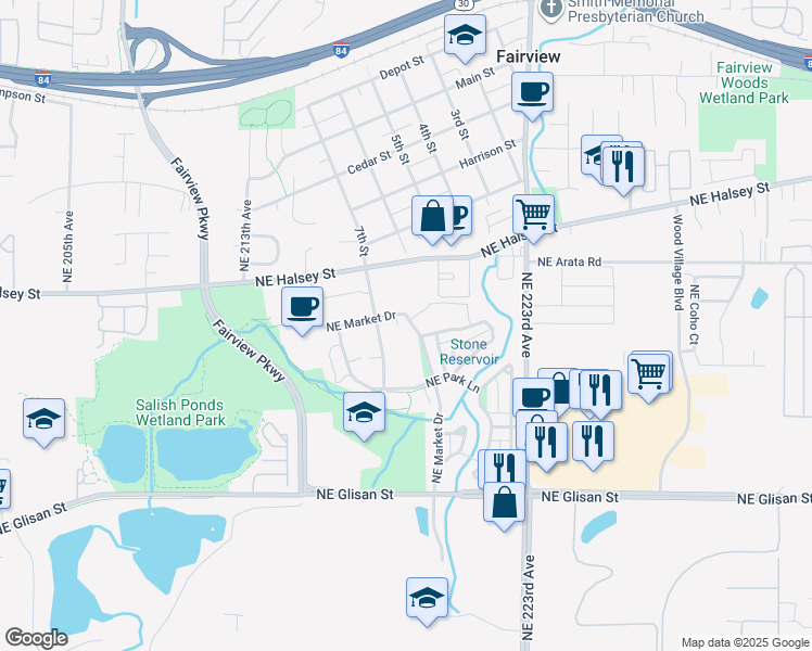map of restaurants, bars, coffee shops, grocery stores, and more near 1528 Northeast Village Street in Fairview