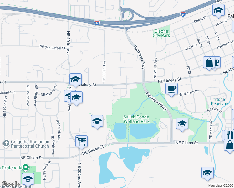 map of restaurants, bars, coffee shops, grocery stores, and more near 20650 Northeast Halsey Street in Fairview