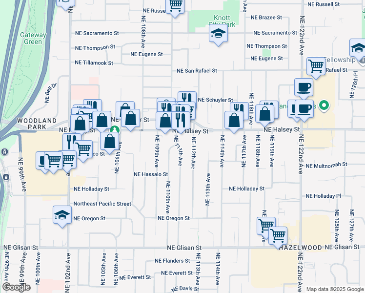 map of restaurants, bars, coffee shops, grocery stores, and more near 1331 Northeast 111th Avenue in Portland