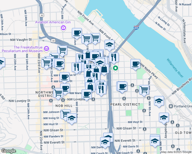 map of restaurants, bars, coffee shops, grocery stores, and more near 1378 Northwest 18th Avenue in Portland