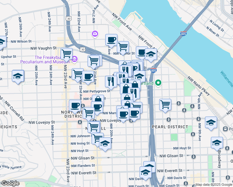 map of restaurants, bars, coffee shops, grocery stores, and more near 2010 Northwest Pettygrove Street in Portland