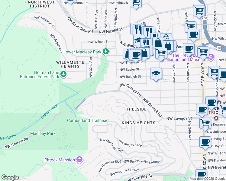 map of restaurants, bars, coffee shops, grocery stores, and more near 2965 Northwest Cornell Road in Portland