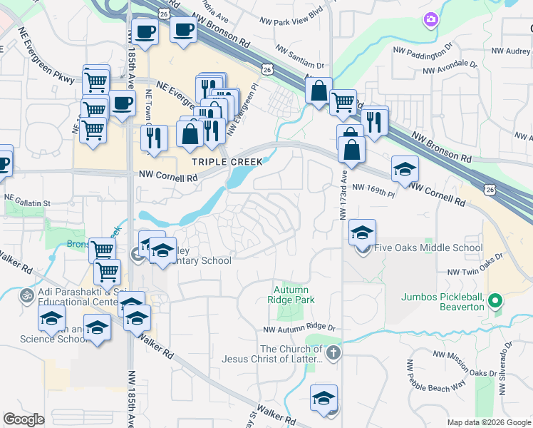 map of restaurants, bars, coffee shops, grocery stores, and more near 17645 Northwest Rolling Hill Lane in Beaverton