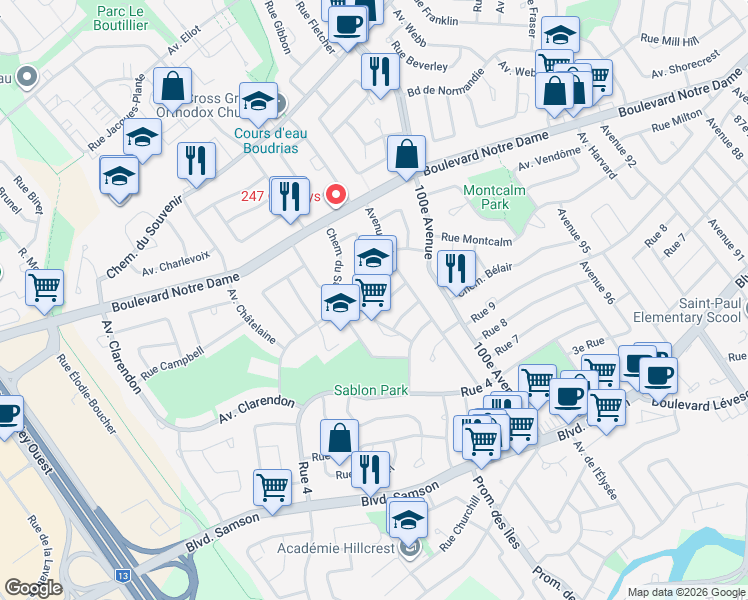 map of restaurants, bars, coffee shops, grocery stores, and more near 750 Avenue du Devonshire in Laval