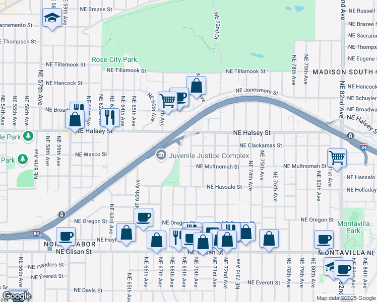 map of restaurants, bars, coffee shops, grocery stores, and more near 1321 Northeast 69th Avenue in Portland