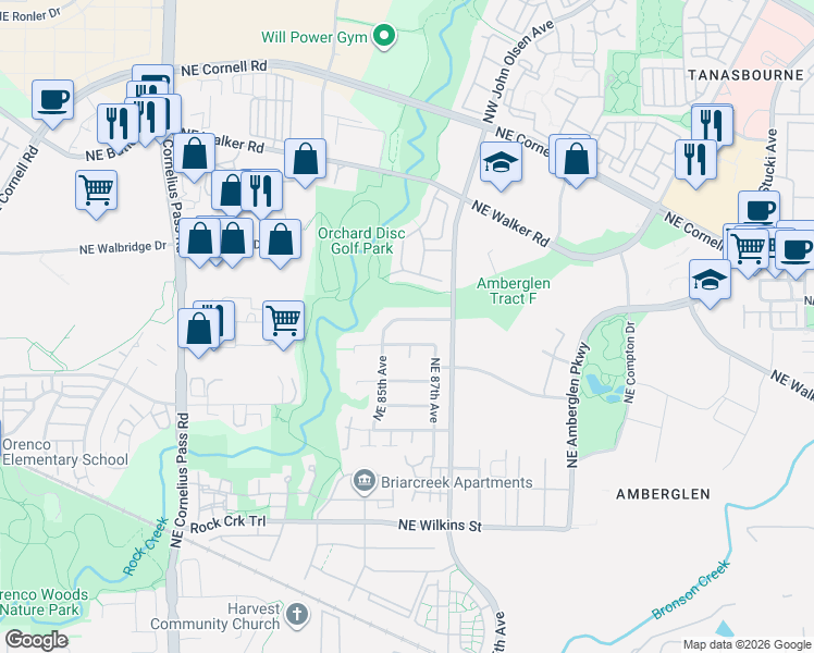 map of restaurants, bars, coffee shops, grocery stores, and more near 8654 Northeast Rockspring Street in Hillsboro