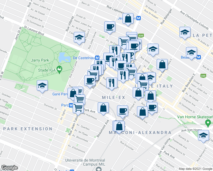 map of restaurants, bars, coffee shops, grocery stores, and more near 7111 Rue Waverly in Montréal